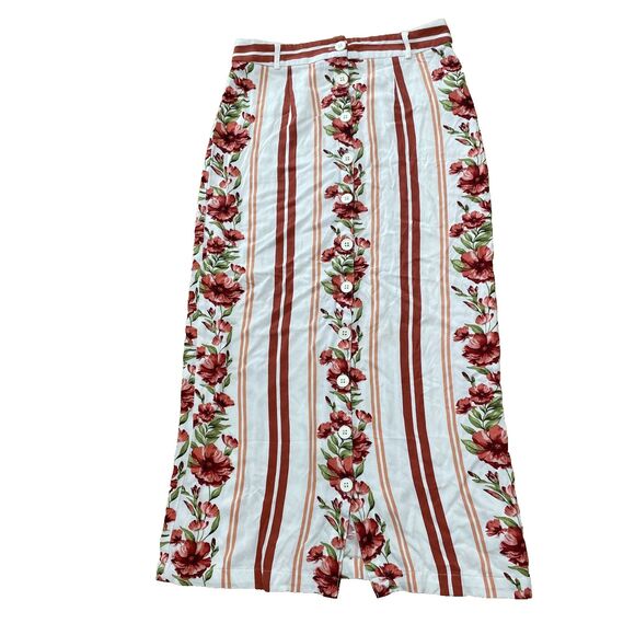 H&M Floral Button Front Skirt Women M Cream Orange Green Stripe Light Midi Boho - Picture 1 of 16